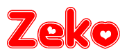 The image is a red and white graphic with the word Zeko written in a decorative script. Each letter in  is contained within its own outlined bubble-like shape. Inside each letter, there is a white heart symbol.