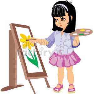A Little Girl with a Paint Palette and a Brush Painting a Flower clipart.