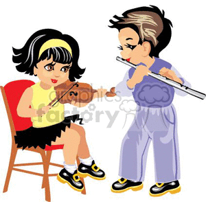 clipart - Two Small Children Boy and Girl Play Musical Instraments.