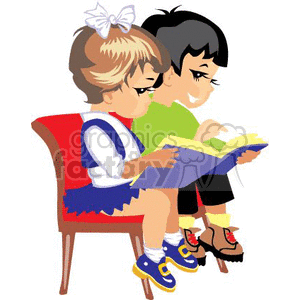 Two Small Children Sitting on a Red Bench Reading clipart. Commercial use image # 369331