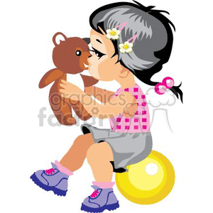 clipart - A Little Black Haired Girl Sitting on a Yellow Ball Kissing her Teddy Bear.