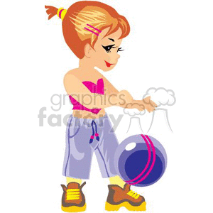 Red haired girl bouncing a blue ball