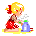 The image is a clipart illustration that shows a young girl with blonde hair tied with a red bow, wearing a red dress with white polka dots. She is kneeling on the ground and appears to be playing with a blue sandcastle mold and a small green shovel. The background is minimal, with only a suggestion of sand indicated by the yellow color beneath her.