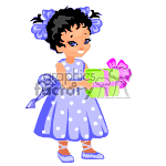 The image is a clipart of a young girl wearing a blue polka-dot dress with bows in her hair. She is holding a green gift with a pink bow.