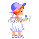 The clipart image depicts a cartoon of a young girl with orange hair, wearing a white dress and a lavender hat with a blue ribbon. She is holding a flower in her hand and wears blue shoes with orange straps.