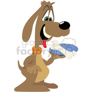 happy dog holding a bone on a plate clipart.
