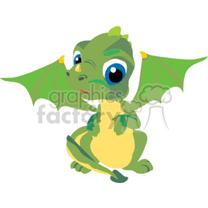 The clipart image shows a cute, little green baby dragon. The dragon is a fictional character commonly found in fantasy fiction and is often depicted as a fierce and powerful creature. However, this particular dragon is depicted in a more playful and adorable manner, resembling a cartoon or stuffed animal.
