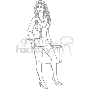 black and white sexy business woman holding a purse and suitcase  clipart.