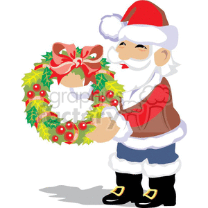 Santa Claus Holding a Fall Berry Wreath with a Red Bow clipart.
