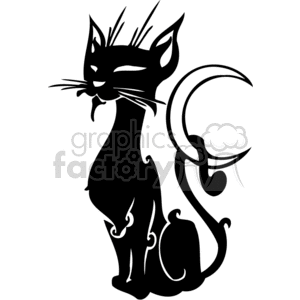 Black cat with its tail curled over a crescent moon clipart.