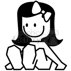 Black and White Little Girl Sitting Down with a Bow in Her Hair clipart.