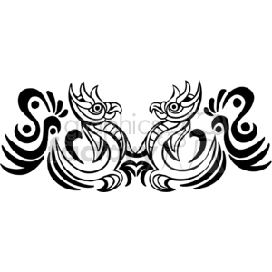 Black and white tribal phoenix birds face to face, mirror image clipart.