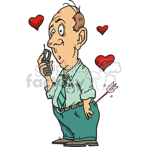 The clipart image depicts a humorous scene related to Valentine's Day. It shows a male cartoon character holding a phone and looking shocked as if he has been struck by Cupid's arrow. He is depicted as being stuck to the phone, implying that he is talking to his lover. The image also includes various heart shapes, which are commonly associated with love and Valentine's Day.
