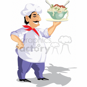 Cartoon chef holding a big bowl of spaghetti noodles