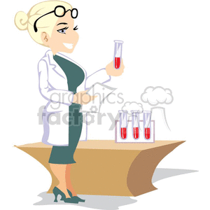 clipart - Female scientist studying test tubes.