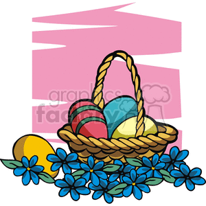 Handled Easter Basket Full of Decorative Eggs Surrounded by Blue Flowers clipart. Commercial use image # 144380