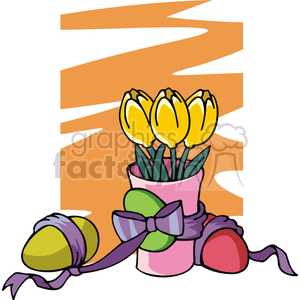 clipart - Easter Eggs Tied with Purple Ribbon Tulips in a Pink Vase.