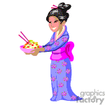 Animated Asian woman holding bowl of noodles