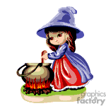 The clipart image features a cartoon of a young witch. She is wearing a large purple hat and a blue and red dress. She is standing beside a cauldron that is placed over a fire, and it appears she is stirring the cauldron.
