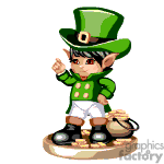 The image is a clipart of a cartoon character of a leprechaun. He is wearing a green top hat with a buckle, a green coat, black shoes, and blue pants. The leprechaun is standing on a base that looks like a stone or a coin, pointing upwards with his right hand, and there is a pot of gold at his feet.