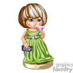 The clipart image shows a cartoon of a stylish girl with blonde hair, wearing a green dress and holding a pink glass. She also appears to have a small purple clutch bag in her other hand.
