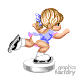 The clipart image depicts a cartoon of a young female figure skater. She has blonde hair tied back with a blue ribbon, wearing a short-sleeved blue dress with pink trim. Her skates are white with black soles, and she is in a dynamic pose on one skate, suggesting motion as if she is performing a figure skating move.