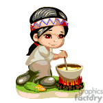 The clipart image depicts an animated character of a young girl wearing a headband with traditional patterns, stirring a pot over a fire. She appears to be dressed in cultural attire, and there are corn cobs on the ground next to her, suggesting that she might be preparing a meal with indigenous cooking methods.