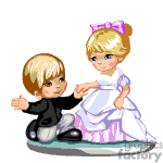 This clipart image depicts two animated children dressed in formal attire. The girl is wearing a white wedding-style dress with a veil and a pink bow in her hair, while the boy is dressed in a black suit with a white shirt. They appear to be playing or pretending to be a bride and groom, as indicated by their wedding-themed costumes.