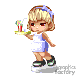 This image features an animated character, likely representing a waitress, holding a tray with a drink on it. The drink appears to be in a cocktail glass, possibly adorned with a small umbrella or fruit garnish – common elements in a festive or tropical beverage presentation. The character is wearing a white dress with a bow in her hair, conveying a cheerful and service-oriented appearance.