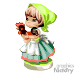 The image is a clipart of a young animated girl wearing a green headscarf and a multi-layered dress in pastel colors. She is holding a red flower in one hand and has a small chick nestled in her other arm.
