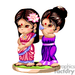 The image depicts two animated characters, which appear to be young girls dressed in traditional Indian attire. The girl on the left wears a red and blue saree with a flower in her hair, while the girl on the right is dressed in a purple saree. Both characters have traditional bindis on their foreheads, indicating a cultural representation. They are standing on a small patch of green, which might suggest grass.