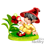 The clipart image depicts a cartoon character that resembles an elf or gnome sitting on a patch of grass. The character has pointy ears, a large red hat, and a yellow top, and is holding a large flower.