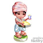 The image depicts an animated character resembling a young boy wearing a traditional outfit with a turban. The character is standing on a small green platform, holding a bowl of what seems to be food in one hand while raising a cup or glass in the other as if making a toast or offering. The character is smiling and has a playful expression. This could represent a cultural celebration or a specific traditional costume.