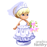 The image is an animated clipart of a girl wearing a white and blue frilly dress with a matching hat, and holding a bouquet of pink flowers. She appears to be styled in a way that might be for a special occasion, such as a wedding or formal event.