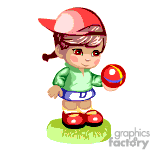 The image is a clipart of a cartoon-style child dressed in athletic attire, holding a ball. The child is wearing a cap, a green T-shirt, white shorts with a blue belt, and red sneakers with white socks. The child is standing on what appears to be a patch of grass.