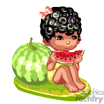 The clipart image features an animated character that appears to be a girl toddler with curly hair adorned with a flower, sitting and happily eating a slice of watermelon. There's also a whole watermelon beside her, suggesting a summertime or picnic theme.