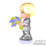 The image shows an animated character of a small boy with blond hair, dressed in a gray suit, holding a bouquet of blue flowers. The flowers resemble a cluster, giving the bouquet a lush appearance.