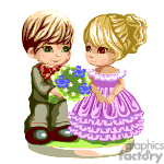 This clipart image features two animated characters: a boy and a girl. The boy has short brown hair, wears a green vest, and has brown shoes, while he is presenting a bouquet of star-shaped flowers to the girl. The girl has blonde hair styled in ponytails, wears a pink and purple ruffled dress, and is looking at the boy with a pleasant expression.