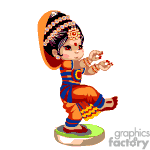 The clipart image features a cartoon of a classical Indian dancer in traditional attire. The dancer appears to be performing a dance, with a poised posture and intricate hand movements characteristic of Indian classical dance forms. The attire includes a colorful costume with a blue and orange theme, traditional jewelry, and a headpiece. The dancer is depicted mid-movement, with one leg raised and the body expressively bent.