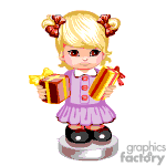 The clipart image is of a cartoon girl with blonde hair tied into two high pigtails, holding gifts in both hands. She is wearing a pink dress with front buttons, white cuffs and collar, and black shoes. She appears to be standing on a small white platform or base. The gifts have yellow ribbons and the image has an overall cheerful and cute aesthetic.
