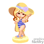 The clipart image shows a girl with blonde hair wearing a striped blue and white swimsuit. She has on a large sun hat embellished with a purple flower. She's standing on a platform and appears to be posed with one hand on her hip and the other touching the brim of her hat.