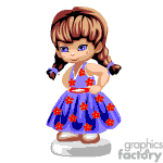 This image depicts an animated character of a young girl with big blue eyes and brown hair styled in pigtails. She is wearing a blue dress adorned with red flowers and a pair of blue shoes. The character has both hands on her hips and is standing confidently.