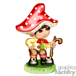 The clipart image features an animated character resembling a mushroom-themed gnome or fairy. Characteristics of the figure include a large red mushroom cap with white spots, a friendly face, a brown cane or walking stick, a yellow shirt with red buttons, green shorts with brown patches, and black boots. The character is also wearing a red scarf and a red hat under the mushroom cap and appears to be standing on a small patch of green grass.