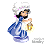The image depicts a cartoon character dressed in traditional pilgrim attire. The character is wearing a blue dress with white apron and bonnet. They are also holding a lantern that is emitting light.