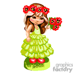 The clipart image depicts an animated girl wearing a green tiered dress with red shoes. She is adorned with a floral headband and is holding a bouquet of red flowers.