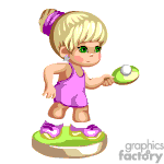 The clipart image features a cartoon character of a young girl with blonde hair tied up in a ponytail with a purple hair tie. She is wearing a pink sleeveless top, purple shorts, and green shoes with purple laces. She appears to be in a stance ready to play tennis, holding a tennis ball in her right hand and a tennis racquet in her left hand.
