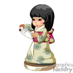 The image shows an animated character styled to look like a little girl dressed in a traditional Japanese kimono with a floral pattern. The girl has a black bob haircut and is holding what appears to be a paper fan or a similar object.