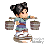 The clipart image displays a cartoon of a young girl in traditional Asian attire, possibly representing a historical or cultural depiction from a region such as Japan or China. She has her hair in buns and is carrying two buckets balanced on a pole across her shoulders. She is also wearing geta-style sandals, which are elevated wooden clogs.