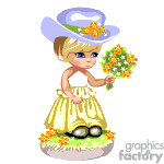 The image depicts an animated character resembling a young girl. She has big blue eyes and blond hair. She is wearing a yellow dress with a purple hat adorned with orange flowers. In her hand, she holds a bunch of orange flowers, and there are more flowers at her feet.
