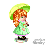 The clipart image is a little girl with red hair, wearing a green dress and a large green hat. She is holding a green umbrella above her head